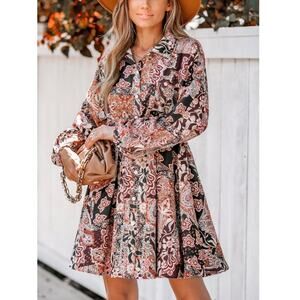 CUPSHE Women's Burgundy Retro Paisley Puff Sleeve Button-Front Mini Dress Size S